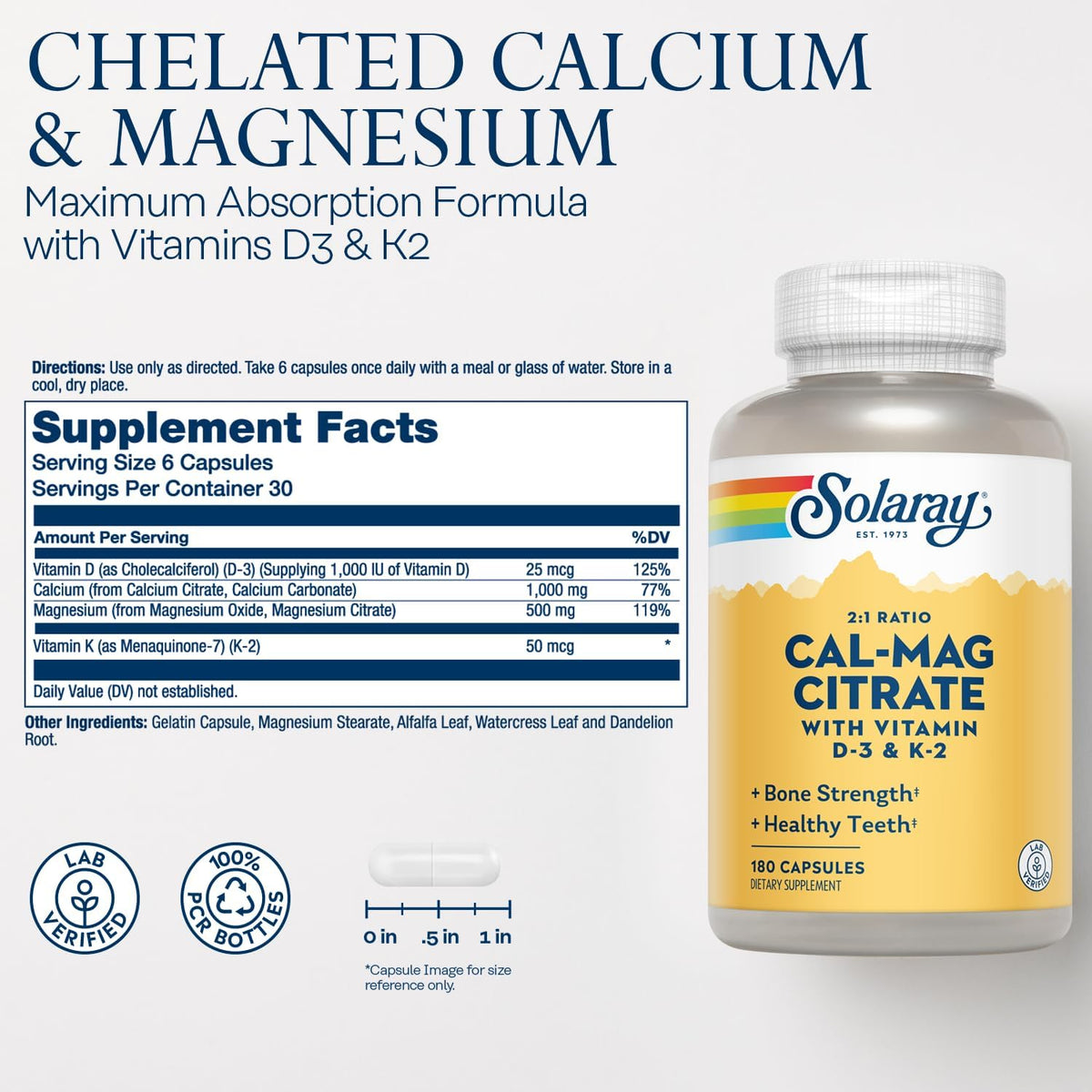 SOLARAY Calcium Magnesium Citrate w/Vitamin D3 K2 - Calcium Supplements for Women and Men - Bone and Heart Health Support - Cal Mag 2:1 Ratio, Plus Vitamin D 3 and K2, 60-Day Guarantee, 30 Servings