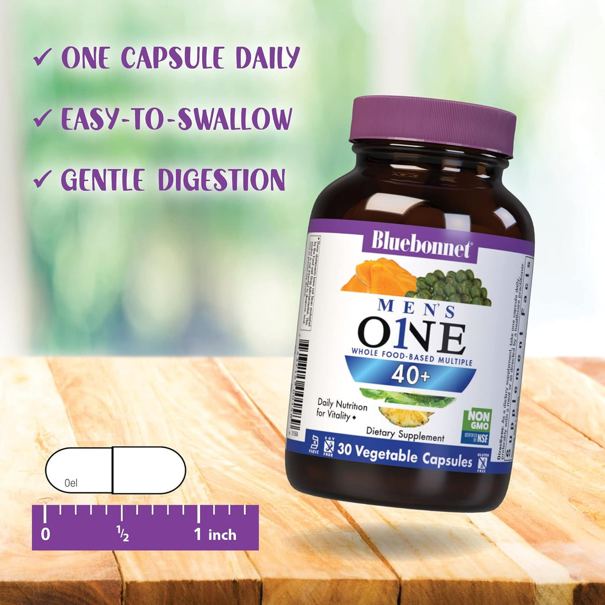 BlueBonnet Nutrition Mens&#39; ONE 40+ Whole Food-Based Multiple, Men Multivitamin for Men 40+, Soy-Free, Non-GMO, Gluten Free, Kosher, 30 Vegetable Capsules, 30 Servings