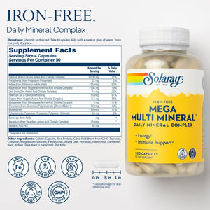 SOLARAY Mega Multi Mineral, Iron Free - Daily Mineral Supplement w/Trace Minerals, Electrolytes, Calcium, Magnesium, Zinc, Selenium, Boron -Cellular Energy, Immune Support, 60-Day Guarantee, 50 Serv