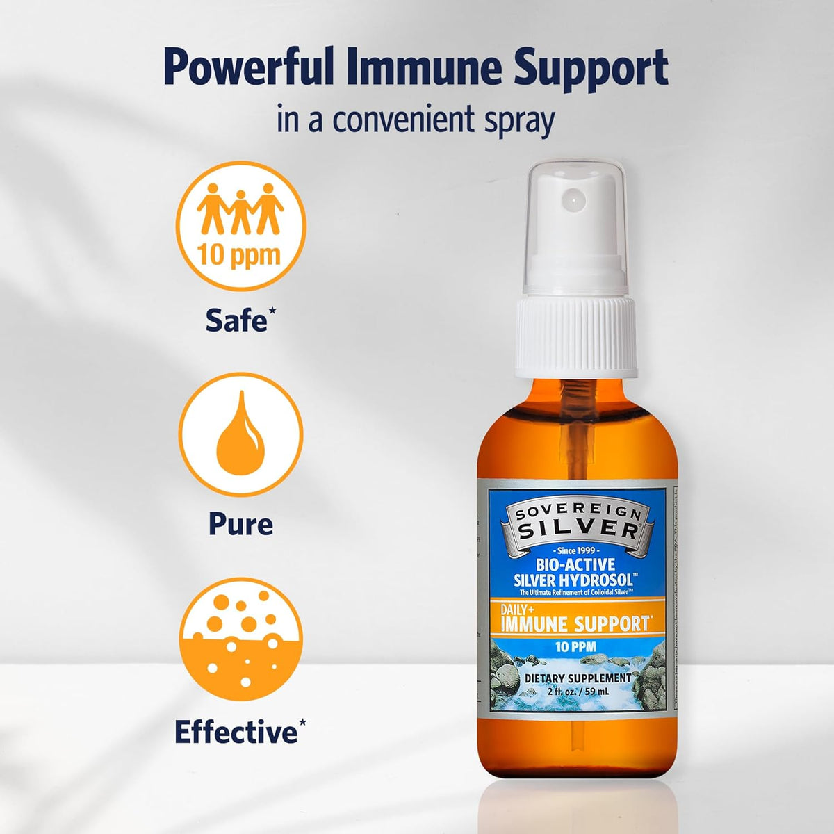 Sovereign Silver Immune Support, Colloidal Silver, Bio-Active Silver Hydrosol,10 ppm, Fine Mist Spray, 2 Fl Oz