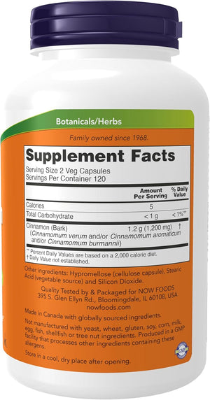 NOW Foods Supplements, Cinnamon Bark 600 mg, Non-GMO Project Verified, Healthy Glucose Metabolism*, 240 Veg Capsules