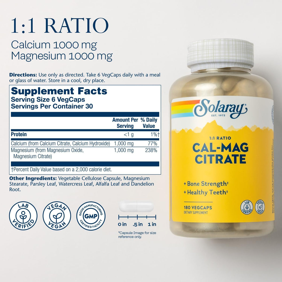 Solaray Calcium Magnesium Citrate 1:1 Ratio, Healthy Bones, Teeth, Muscle &amp; Nervous System Support, 30 Serv, 180 VegCaps