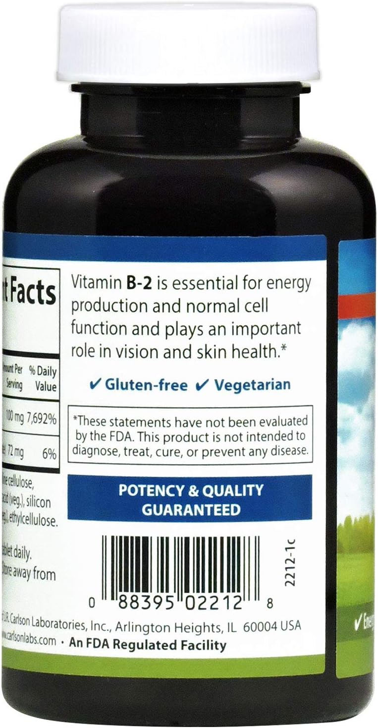 Carlson - B-2, 100 mg Riboflavin, Energy Production, Vision Support &amp; Healthy Skin, 250 Vegetarian Tablets