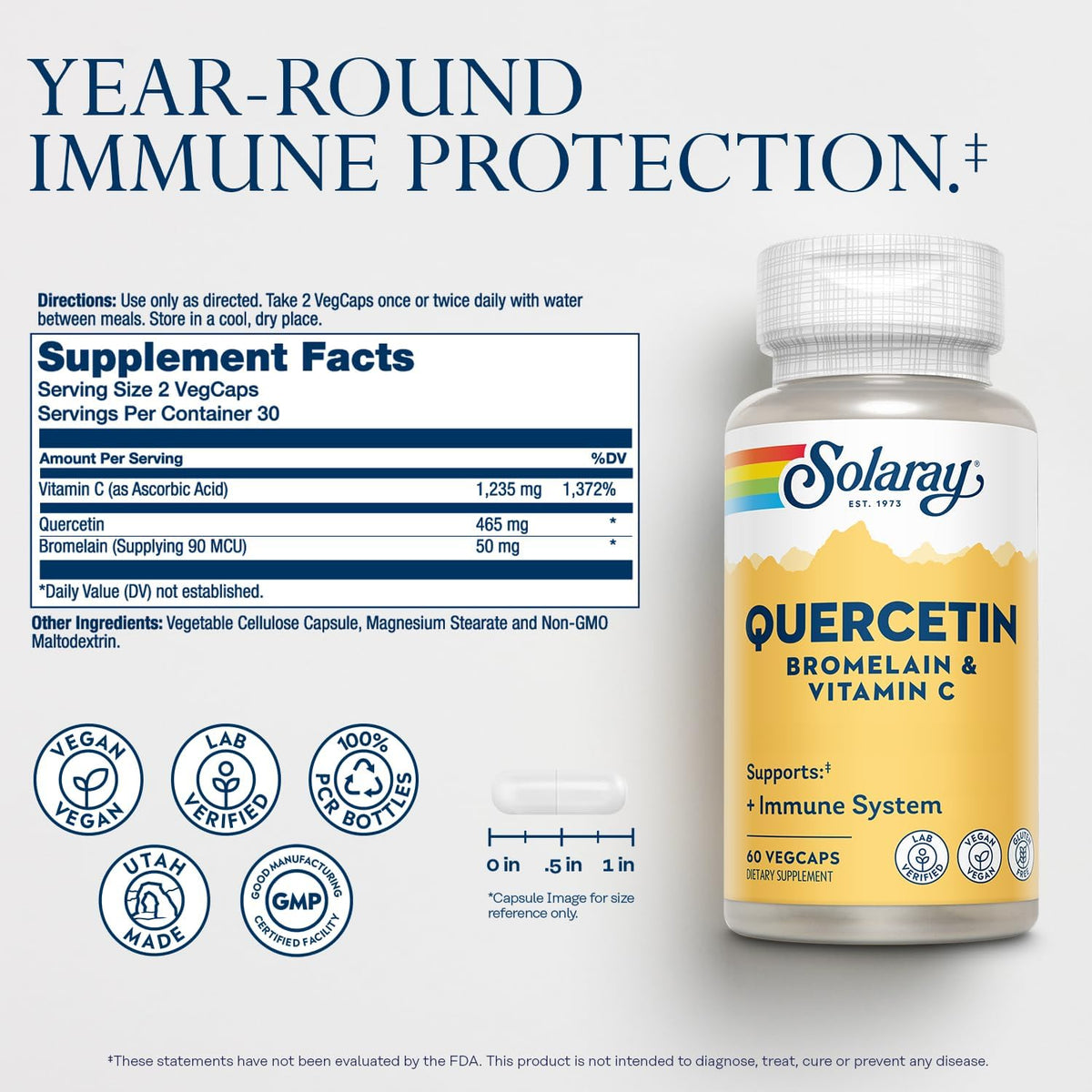 SOLARAY Quercetin with Bromelain and Vitamin C - Immune Support Supplement - Antioxidant and Heart Health Complex with Quercetin 500mg and 1235mg VIT C - Vegan, 60-Day Guarantee, 30 Serv, 60 VegCaps