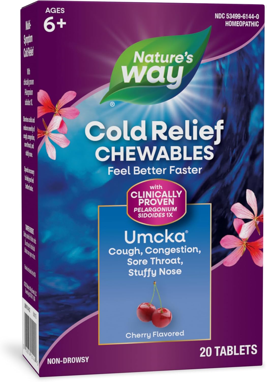 Nature&#39;s Way Cold Relief, Umcka, Shortens Duration and Reduces Severity, Multi-Symptom Cold Relief, Homeopathic, Phenylephrine Free, Cherry Flavored, 20 Chewable Tablets