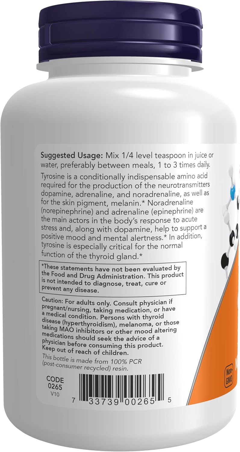 NOW Foods Supplements, L-Tyrosine Powder, Free-Form, Neurotransmitter Support*, Amino Acid, 4-Ounce