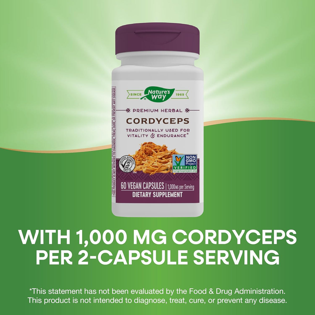 Nature&#39;s Way Cordyceps Premium Herbal - 1,000 mg Per 2-Capsule Serving - Traditional Support for Vitality &amp; Endurance* - Mushroom Supplement - Gluten Free - 60 Vegan Capsules