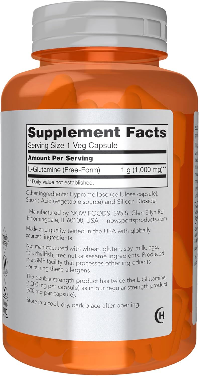 NOW Foods Sports Nutrition, L-Glutamine, Double Strength 1,000 mg, Amino Acid, 120 Veg Capsules
