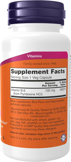NOW Foods B-6, 100 mg, 100 Capsules