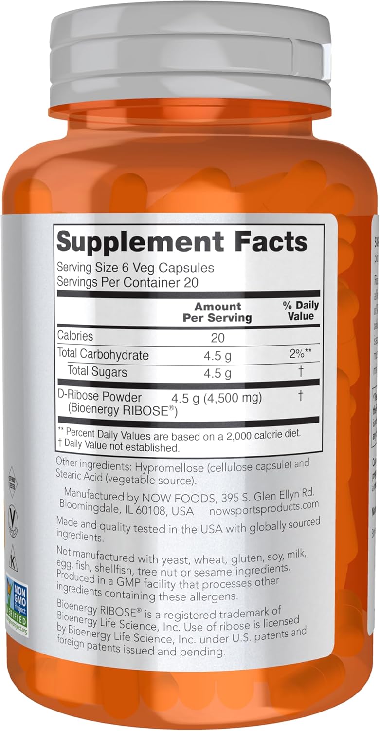 NOW Sports Nutrition, D-Ribose 750 mg, Certified Non-GMO, Energy Production*, 120 Veg Capsules
