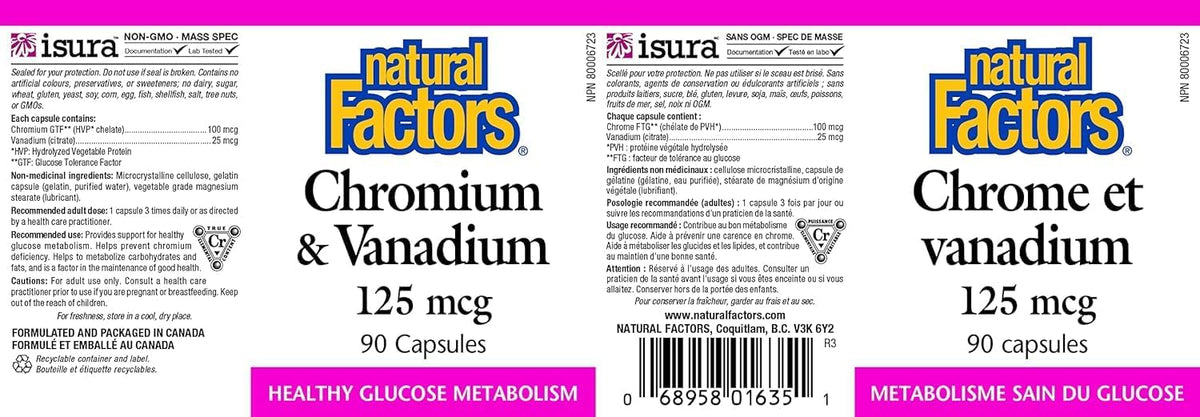 Natural Factors, Chromium &amp; Vanadium 125 mcg, Supports Healthy Metabolism, 90 capsules