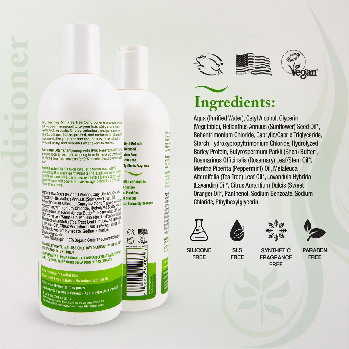 Beauty Without Cruelty Conditioner, Rosemary Mint Tea Tree – Aromatherapy Clarifying Hair & Scalp Treatment, SLS-Free, Vegan-Friendly & Cruelty-Free, 16 Oz