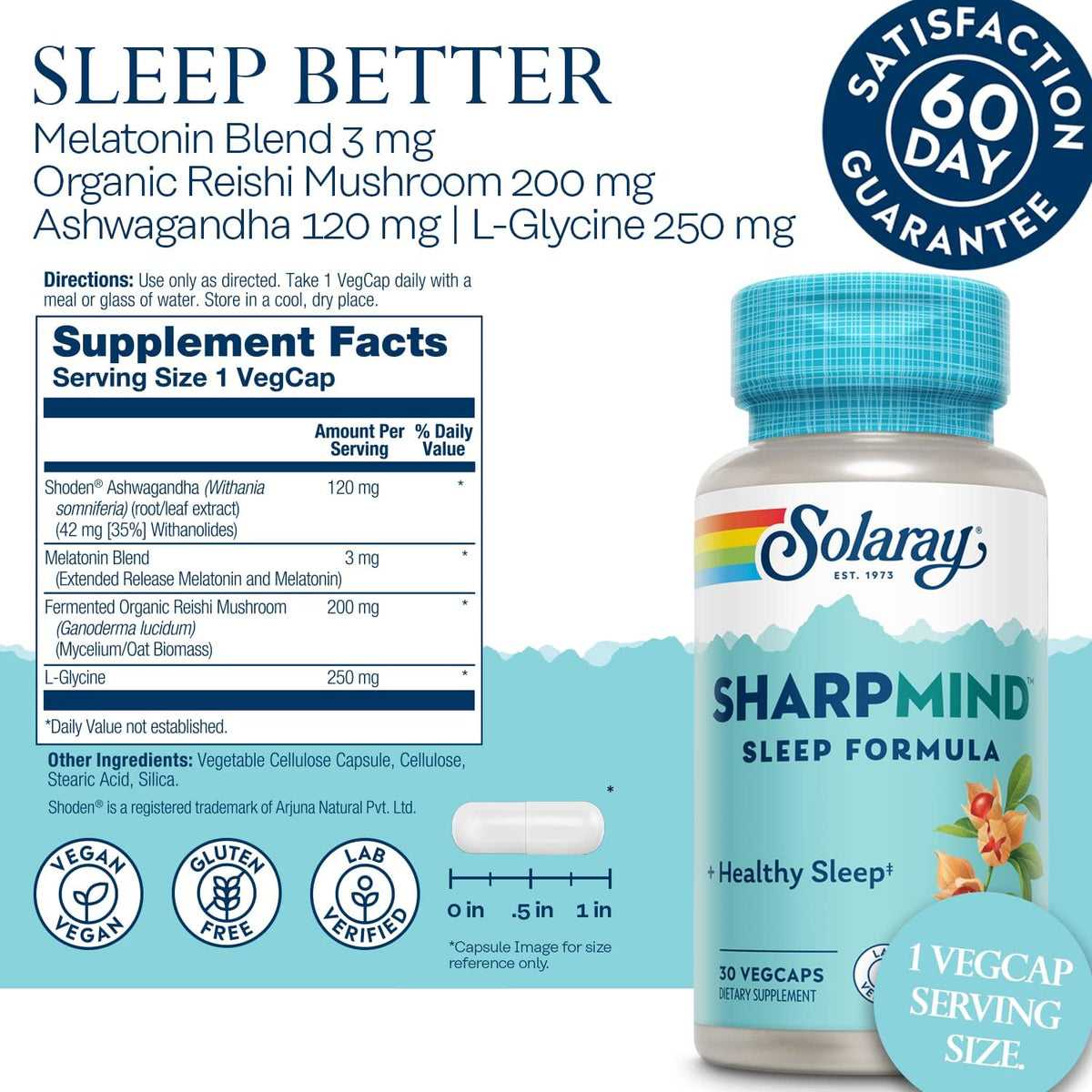 SOLARAY SharpMind Sleep, Nootropic Sleep Aid Formula, Nootropics Brain Support Supplement for a Calm Mood and Healthy Sleep with Slow Release Melatonin 3mg, 60 Day Guarantee, 30 Servings, 30 VegCaps