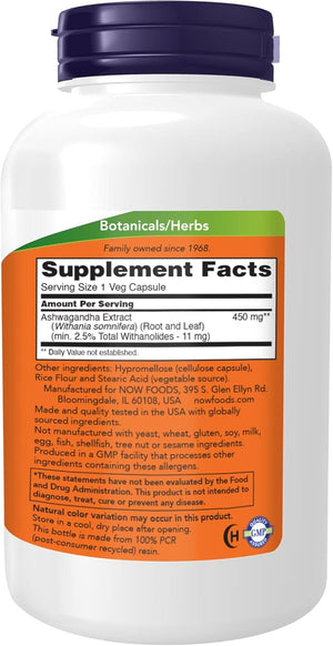 NOW Foods Ashwagandha Extract 450 mg Vegan, Kosher, Non-GMO - 240 Veg Capsules,