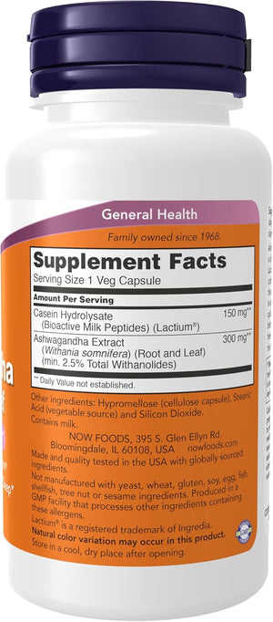 NOW Foods Supplements, Ashwagandha Stress Relief, Mood and Sleep Support*, with clinically Studied Lactium®, Promotes Relaxation and restful Sleep*, 60 Veg Capsules