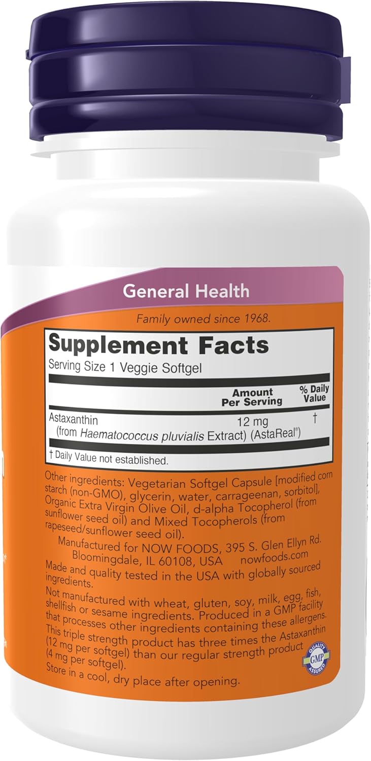 NOW Supplements, Triple Strength Astaxanthin 12 mg, Triple Strength, Brain Health*, Helps Manage Eye Strain*, 60 Veggie Softgels