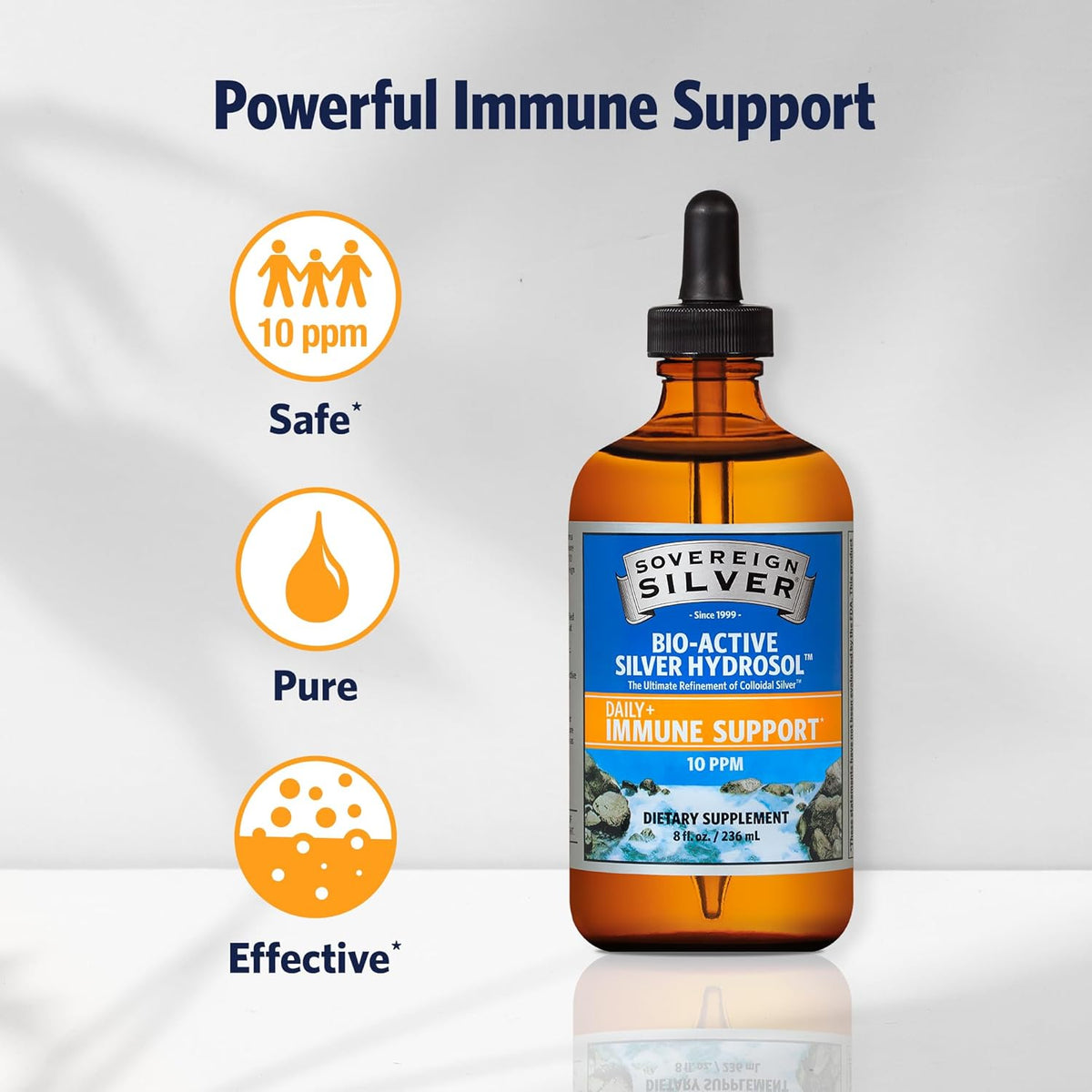 Sovereign Silver Immune Support - Colloidal Silver, Bio-Active Silver Hydrosol, 10 ppm, Liquid Dropper, 8 Fl Oz, (236 mL)