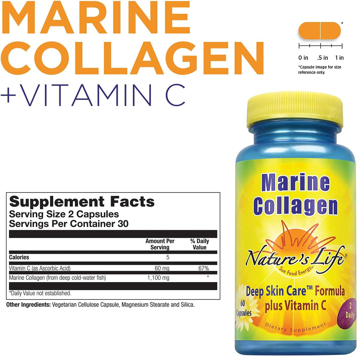 Nature&#39;s Life Marine Collagen Deep Skin Care Formula Plus Vitamin C | from Deep Cold-Water Fish | 30 Servings, 60 Caps