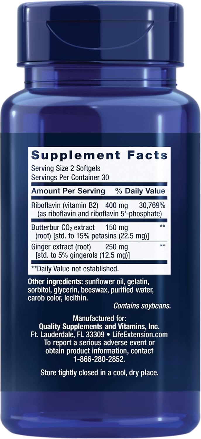 Life Extension Migra-Eeze - Butterbur Root Extract with Vitamin B2 (Riboflavin) & Ginger Supplement - Formula to Ease Head Discomfort - Gluten-Free — 60 Softgels