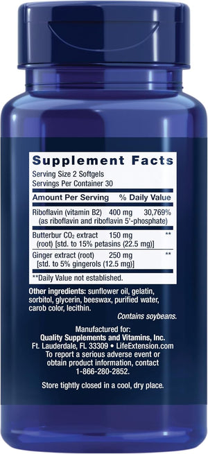 Life Extension Migra-Eeze - Butterbur Root Extract with Vitamin B2 (Riboflavin) & Ginger Supplement - Formula to Ease Head Discomfort - Gluten-Free — 60 Softgels