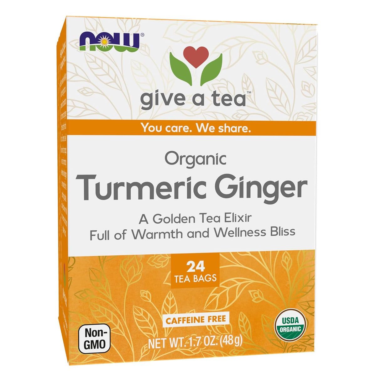 NOW Give a Tea, Organic Turmeric Ginger, Caffeine Free, 24 Tea Bags, 1.7 oz (48 g)