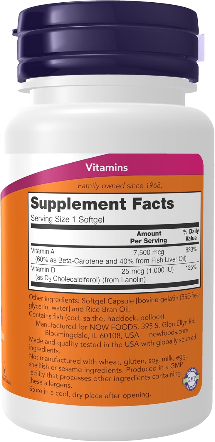 NOW Foods Supplements, Vitamin A &amp; D3 25,000/1,000 IU, Eye Health*, Essential Nutrition, 100 Softgels