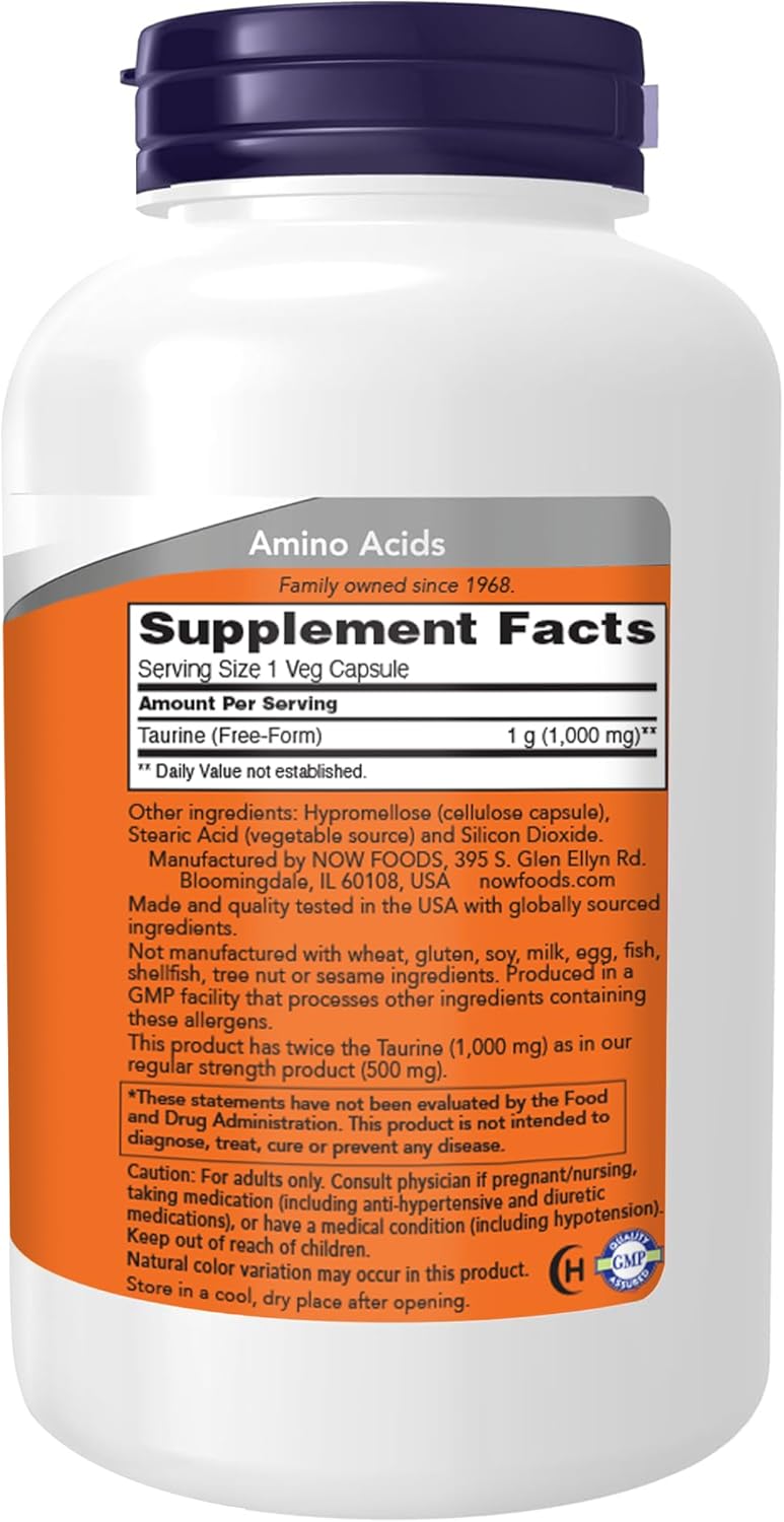 NOW Foods Supplements, Taurine 1,000 mg, Double Strength, Nervous System Health*, 200 Veg Capsules