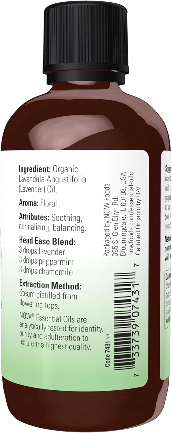 NOW Foods Essential Oils, Organic Lavender Oil, Soothing Aromatherapy Scent, Steam Distilled, 100% Pure, Vegan, Child Resistant Cap, 4-Ounce