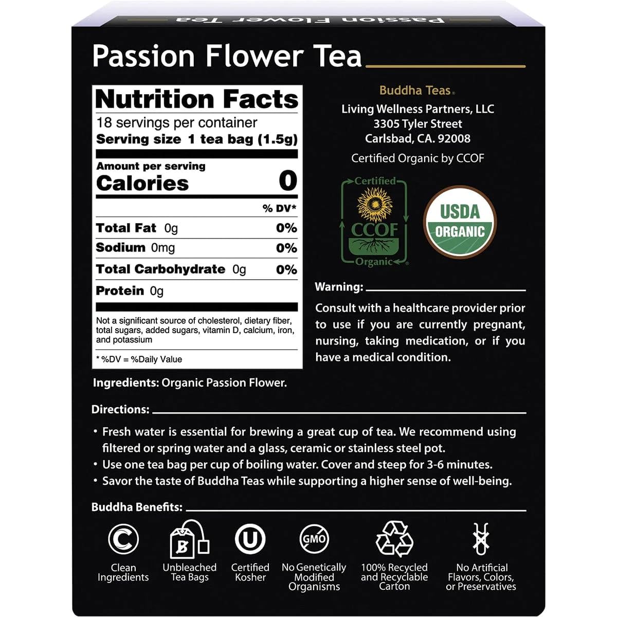 Buddha Teas Organic Passion Flower Tea - OU Kosher, USDA Organic, CCOF Organic, 18 Bleach-Free Tea Bag