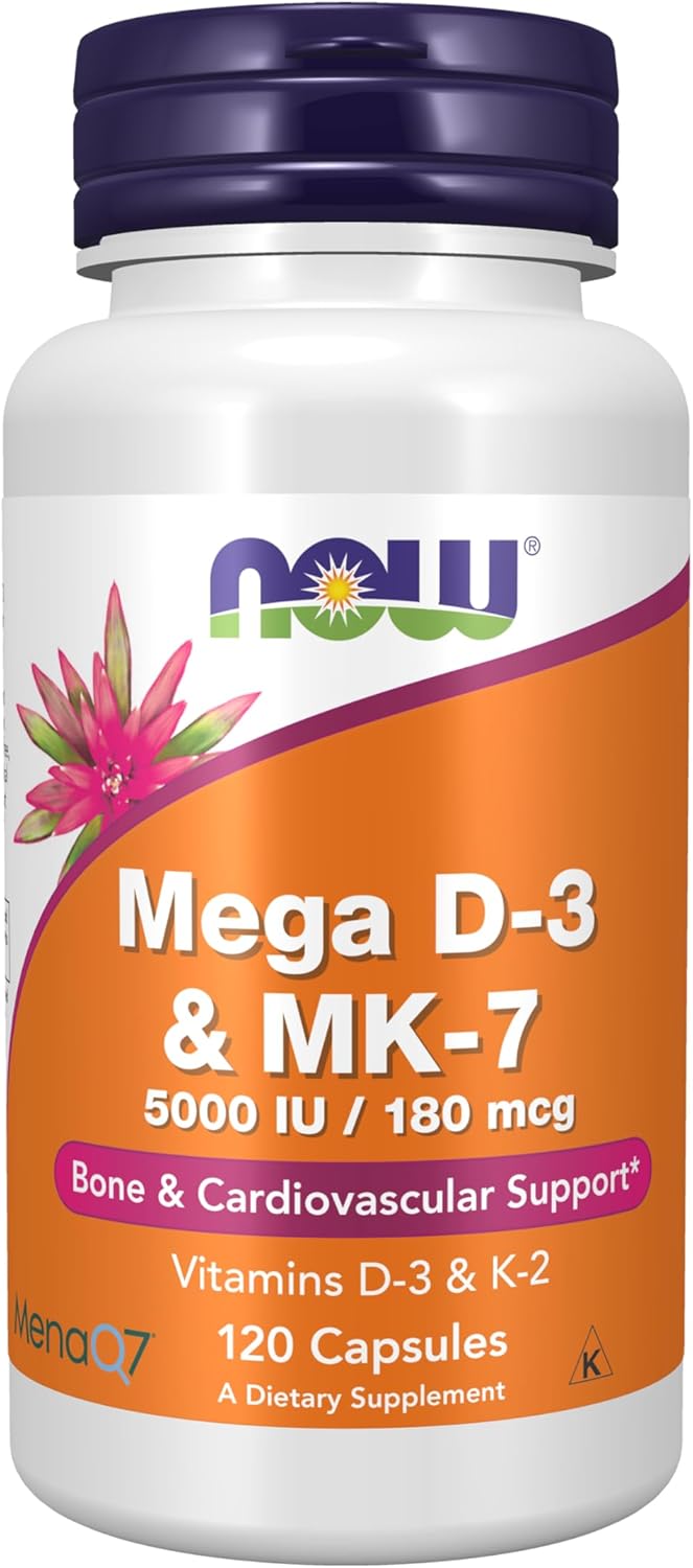 NOW Supplements, Mega D-3 &amp; MK-7, 5000 IU / 180 mcg, Bone &amp; Cardiovascular Support*, Vitamins K-3 &amp; K-2, 120 Capsules