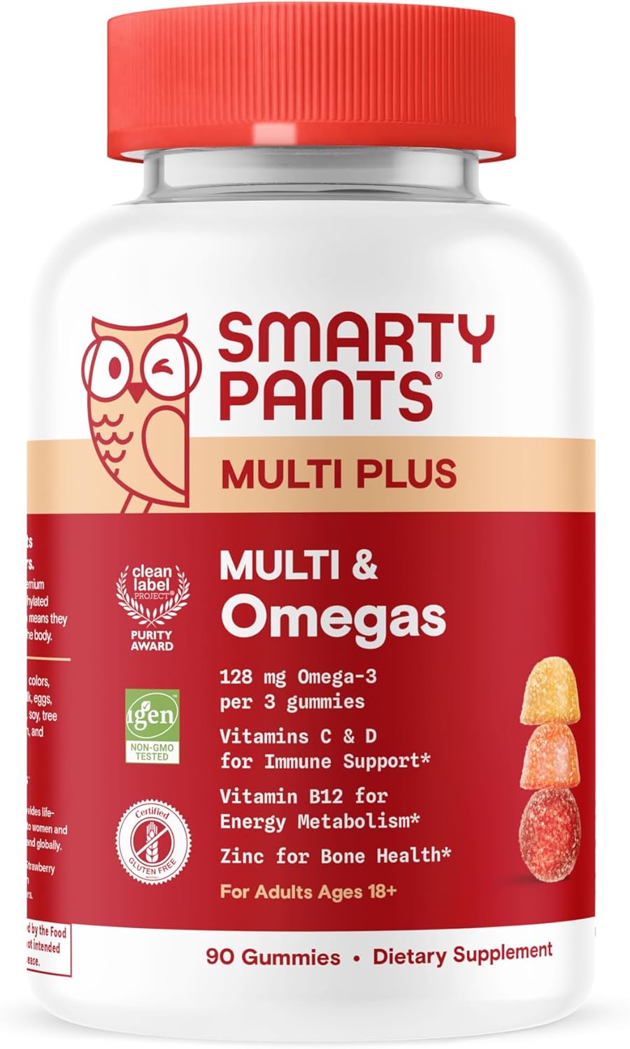 SmartyPants Multivitamin for Men & Women - Improved Formula: Multivitamin Gummies with Omega 3 (DHA/EPA), Vitamin D3, C, Vitamin B12, B6, A, K & Zinc, Biotin, Gluten Free, 90 Count (30 Day Supply)