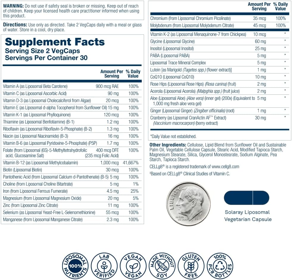 SOLARAY Liposomal Multivitamin for Women 50 Plus, Enhanced Absorption with Iron, Vitamin D, Vitamin C, B12, Biotin &amp; More, Immune Support &amp; Bone Health, Vegan, 30 Servings, 60 VegCaps