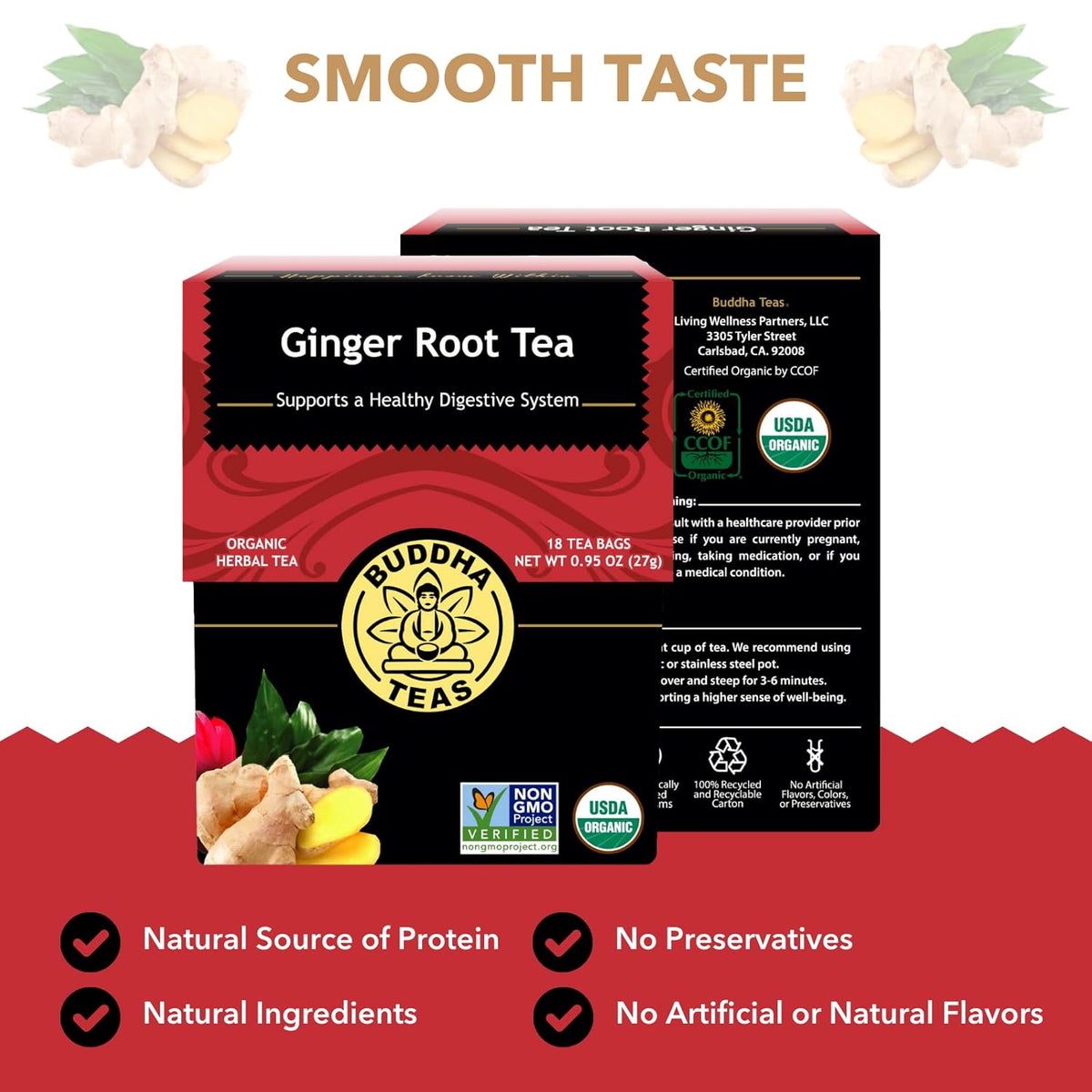 Buddha Teas - Organic Ginger Root Tea - Herbal Tea - For Health & Wellbeing - With Antioxidants & Minerals - Clean Ingredients - Caffeine Free - OU Kosher & Non-GMO - 18 Tea Bags