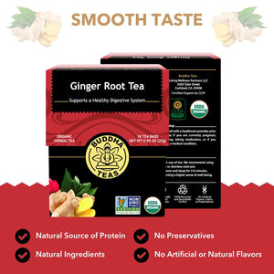 Buddha Teas - Organic Ginger Root Tea - Herbal Tea - For Health & Wellbeing - With Antioxidants & Minerals - Clean Ingredients - Caffeine Free - OU Kosher & Non-GMO - 18 Tea Bags