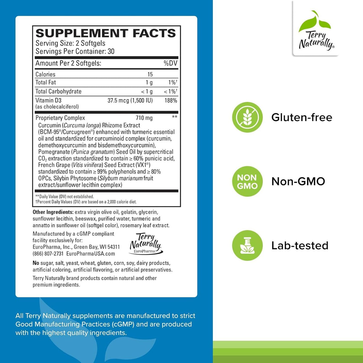 Terry Naturally Healthy PSA Levels - Dietary Supplement for Healthy Prostate &amp; Hormone Balance Support - Herbal Supplement with Curcumin, Turmeric Essential Oil &amp; Grape Seed Extract - 60 Softgels