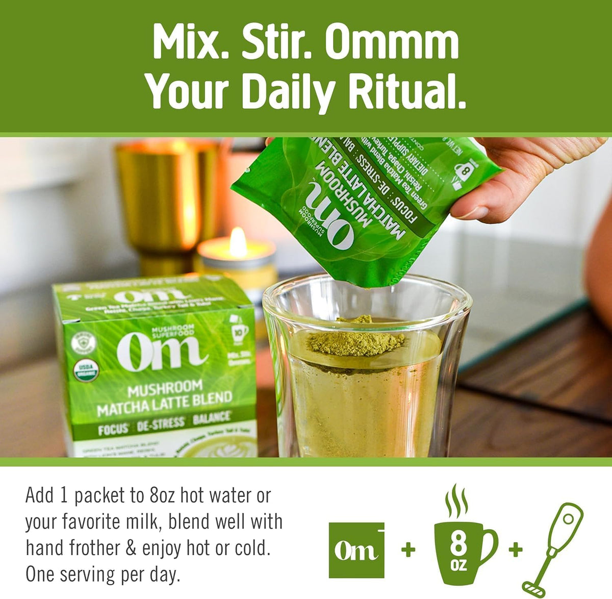 OM MUSHROOM SUPERFOOD Matcha Latte Blend Mushroom Powder, Single Serve, 10 Count, Green Tea, Lion&#39;s Mane, Reishi, Chaga, Turkey Tail, Focus &amp; Stress Support Supplement