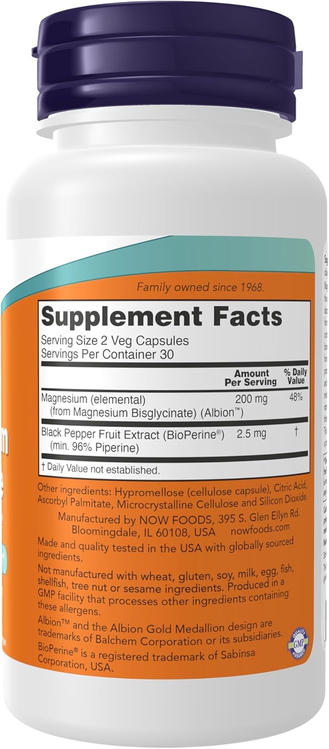 NOW Foods Supplements, Magnesium Glycinate with BioPerine, 60 Veg Capsules