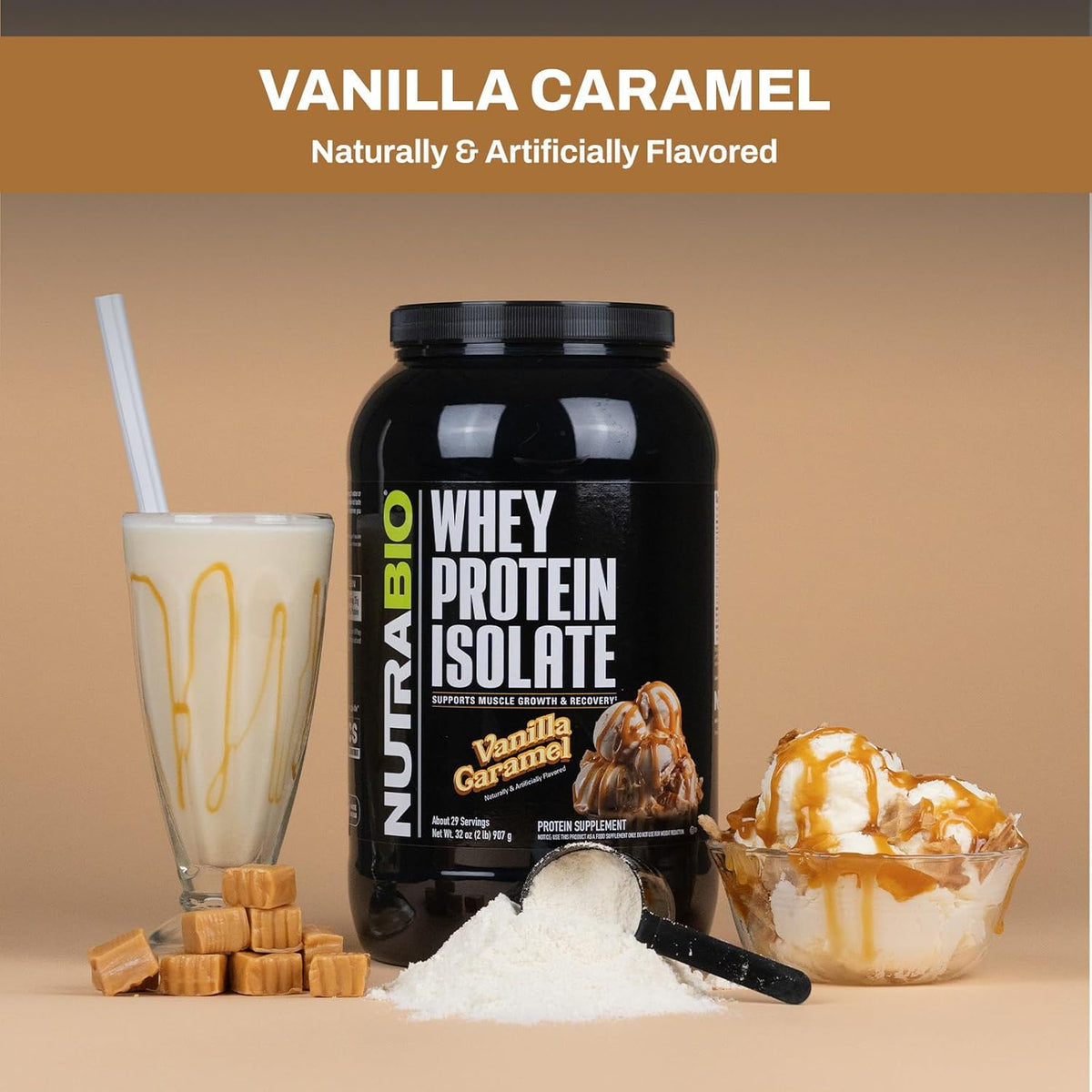 NutraBio 100% Whey Protein Isolate Protein Powder – 25g Protein with Complete Amino Acid Profile, Non-GMO, Soy and Gluten Free, Low Carb and Low Calorie Whey Protein Powder - Vanilla Caramel- 2 Lbs.