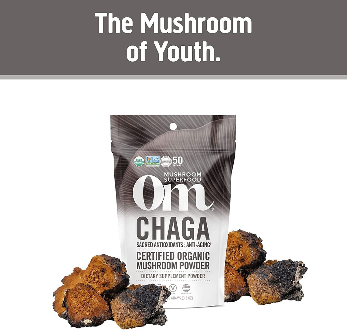 Om Mushroom Superfood Chaga Organic Mushroom Powder, 3.5 Ounce, 50 Servings, US Grown, Sacred Antioxidants &amp; Immune Support, Superfood Mushroom Supplement