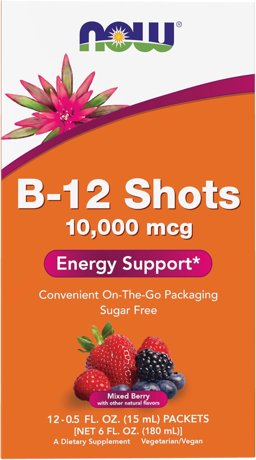 NOW Foods B-12 10,000mcg Shots 0.5 ounce 12 Count Box Mixed Berry