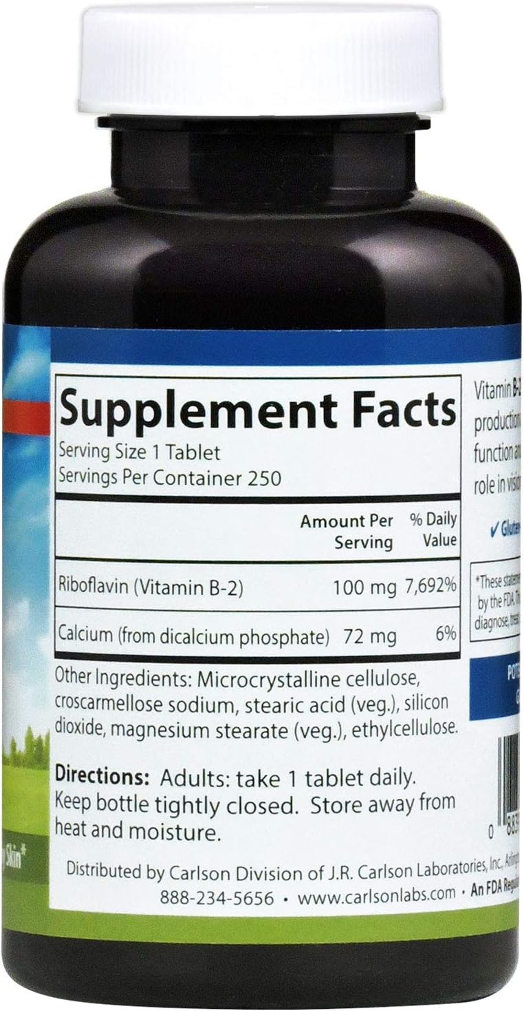 Carlson - B-2, 100 mg Riboflavin, Energy Production, Vision Support &amp; Healthy Skin, 250 Vegetarian Tablets