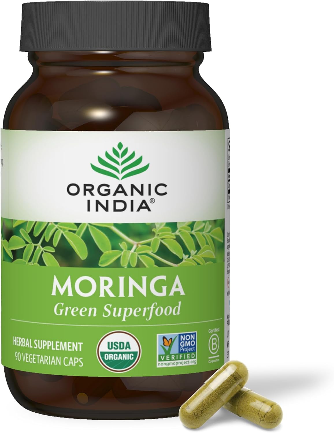 ORGANIC INDIA Moringa Capsules Organic - Moringa Supplement - Green Superfood, Moringa Leaf Capsules, Pure Supergreen, Vegan Greens, Nature&#39;s Multivitamin, Vegan, Gluten-Free - 90 Capsules