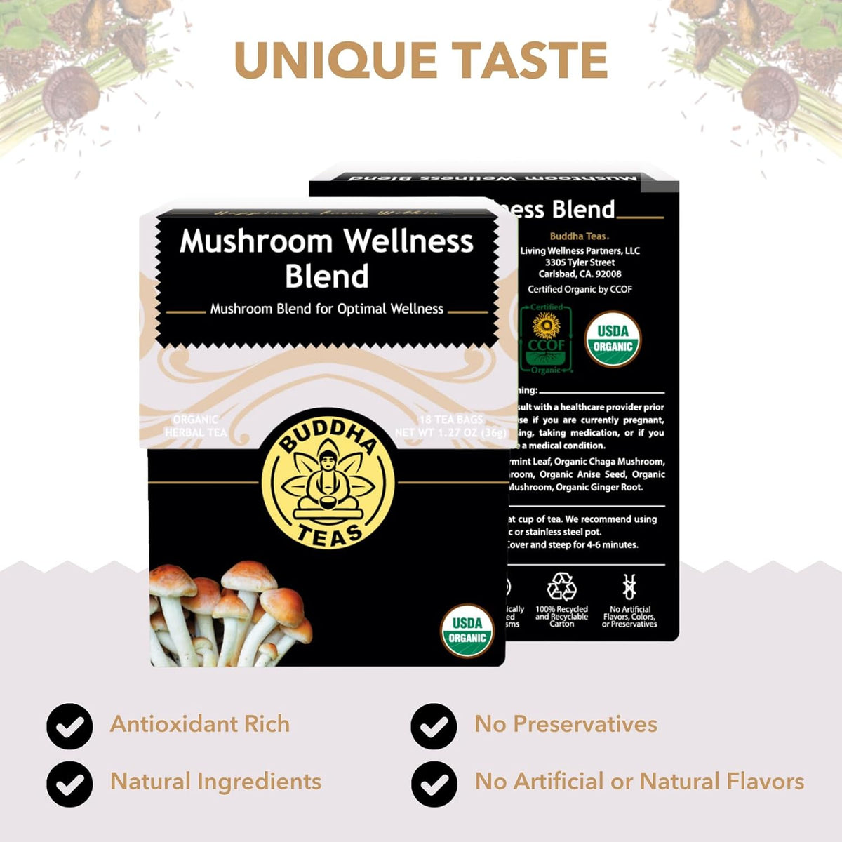 Buddha Teas - Organic Mushroom Wellness Blend - Herbal Tea - For Health &amp; Wellbeing - With Antioxidants &amp; Minerals - Clean Ingredients - Caffeine Free - OU Kosher &amp; Non-GMO - 18 Tea Bags