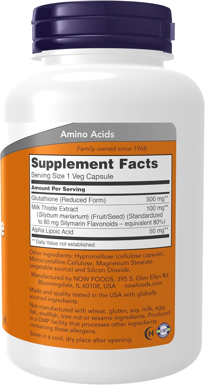 NOW Supplements, Glutathione 500 mg, with Milk Thistle Extract &amp; Alpha Lipoic Acid, Free Radical Neutralizer*, 120 Veg Capsules