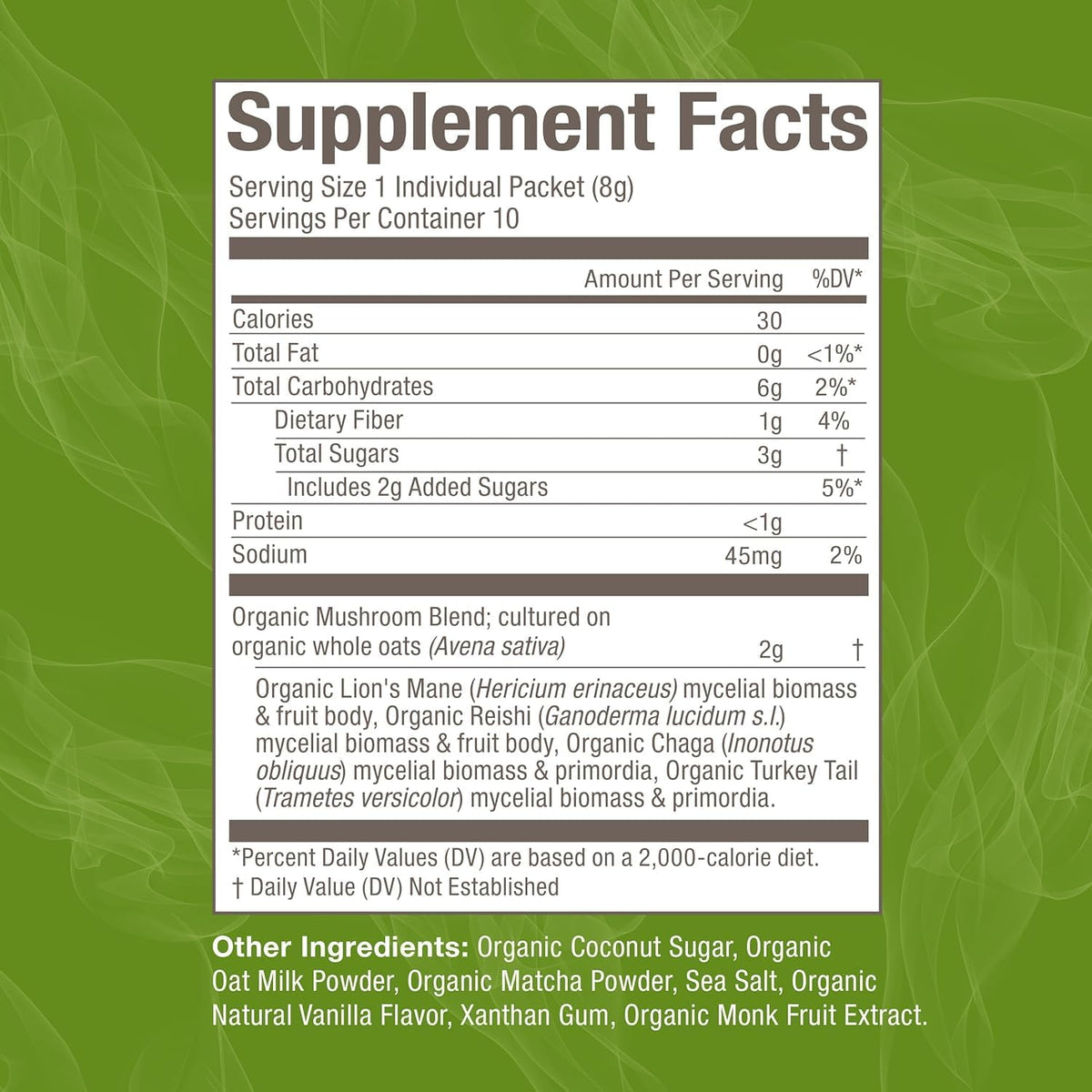 OM MUSHROOM SUPERFOOD Matcha Latte Blend Mushroom Powder, Single Serve, 10 Count, Green Tea, Lion&#39;s Mane, Reishi, Chaga, Turkey Tail, Focus &amp; Stress Support Supplement