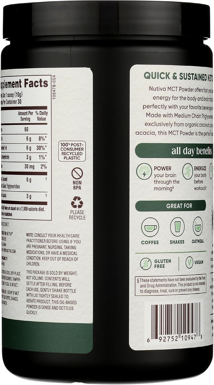Nutiva Organic MCT Powder with Prebiotic Acacia Fiber, Classic, 10.6 Oz, USDA Organic, Non-GMO, Non-BPA, Vegan, Gluten-Free, Keto &amp; Paleo, Instant Beverage or Boost to Coffee &amp; Smoothies