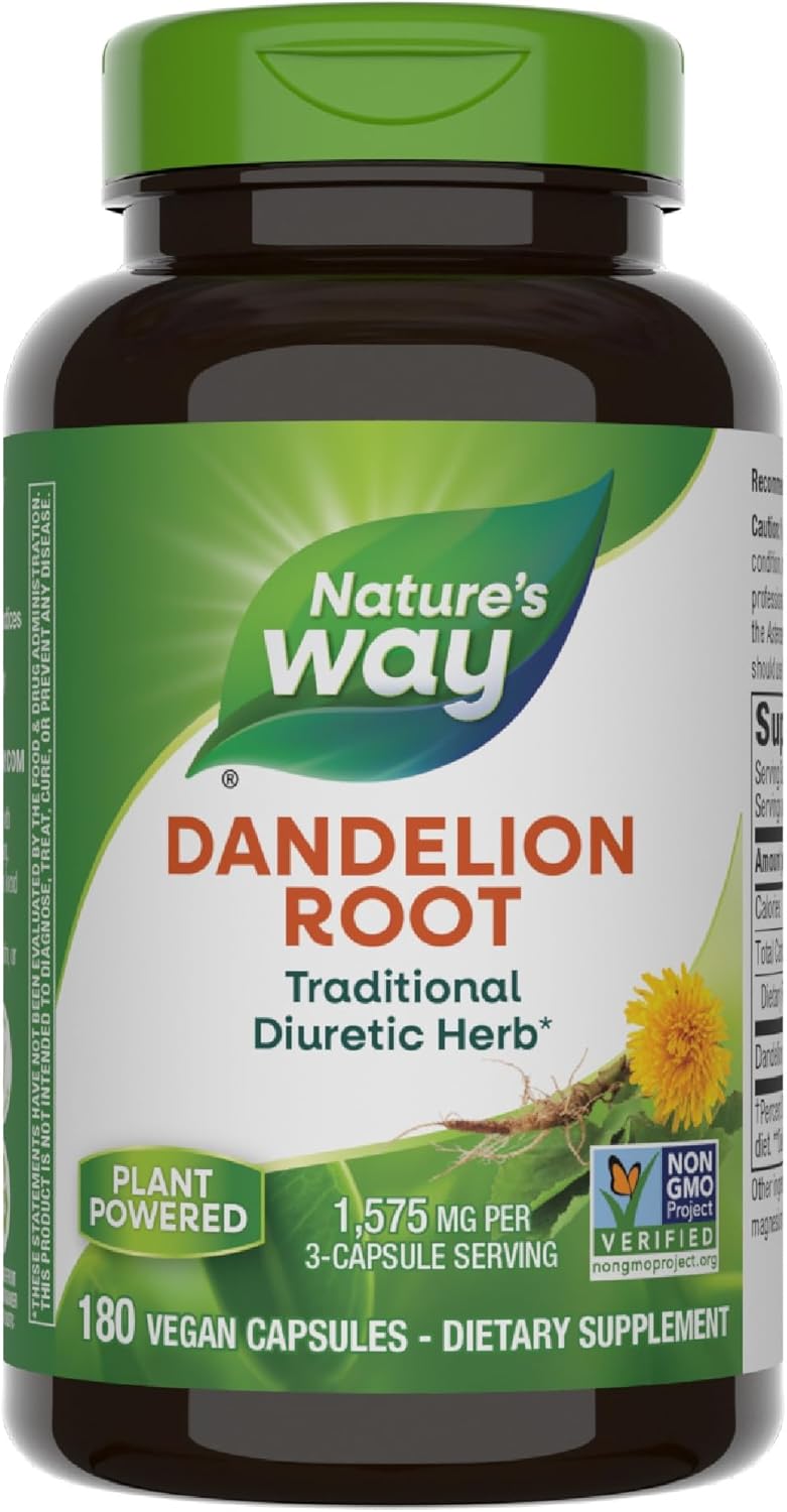 Nature's Way Dandelion Root, Traditional Diuretic Herb*, Traditionally used to Soothe Digestive Upset*, Vegan, 180 Capsules