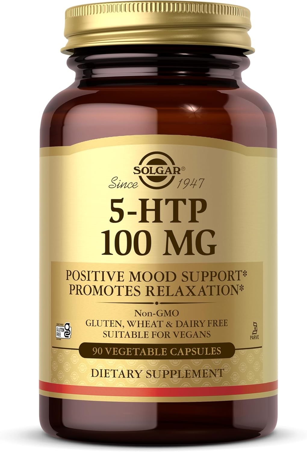 Solgar 5-HTP 100 mg, 90 Vegetable Capsules - Promotes Relaxation - Positive Mood &amp; Stress Support - Non-GMO, Vegan, Gluten Free, Dairy Free, Kosher - 90 Servings