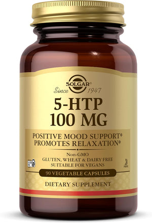 Solgar 5-HTP 100 mg, 90 Vegetable Capsules - Promotes Relaxation - Positive Mood & Stress Support - Non-GMO, Vegan, Gluten Free, Dairy Free, Kosher - 90 Servings