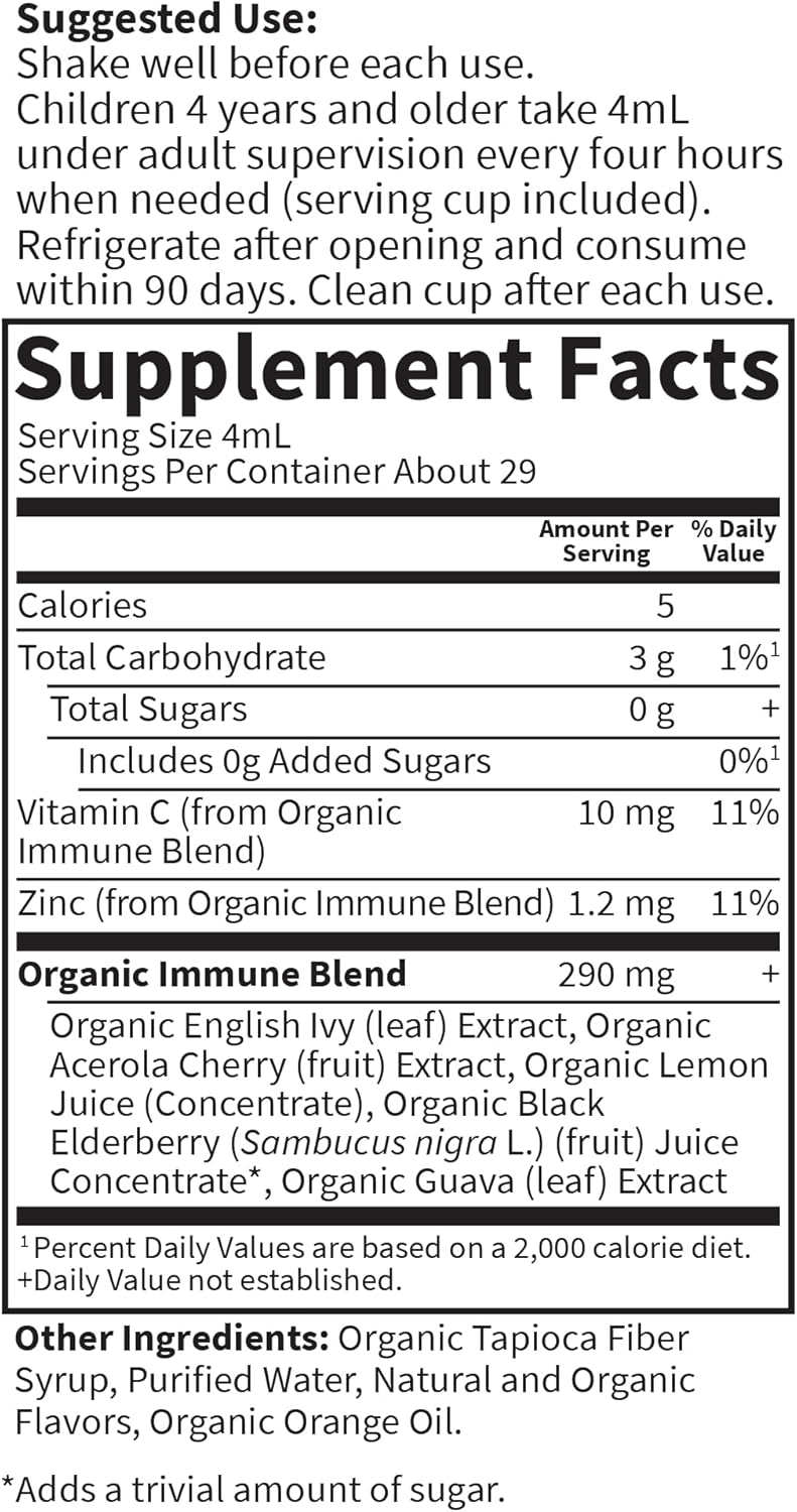 Garden of Life Organics Elderberry &amp; Zinc for Children&#39;s Immune Support, Kids Cough &amp; Mucus Immune Syrup with Ivy Leaf, Vitamin C and Echinacea, Alcohol-Free, No Added Sugars, 3.92 fl oz